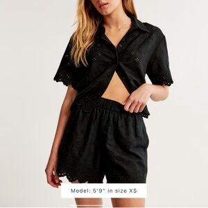 abercrombie and fitch linen-blend eyelet pull-on short in black
